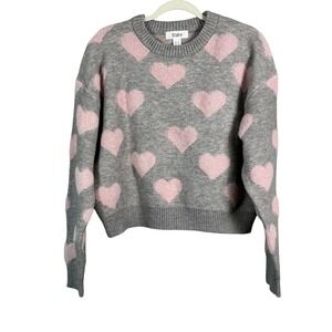 True Heart Grey Pink Heart Intarsia Knit Crewneck Sweater Size M 77748J